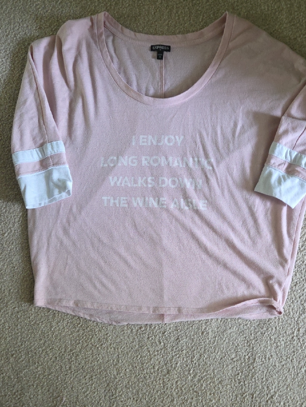 Express Soft Pink Scoop Neck Graphic Tee with White Sleeve Stripes